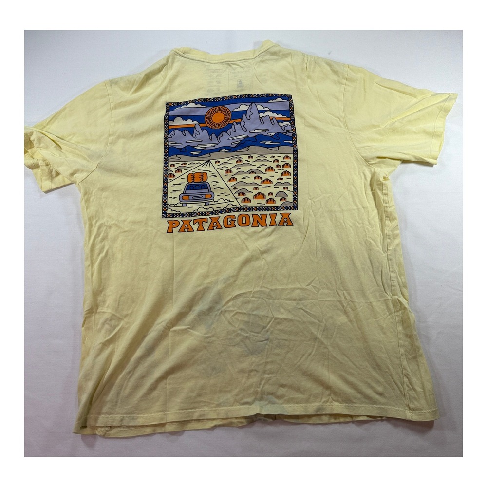 Patagonia Organic Cotton Graphic T Shirt Men's Large Yellow Road Trip Logo Tee - Picture 2 of 8
